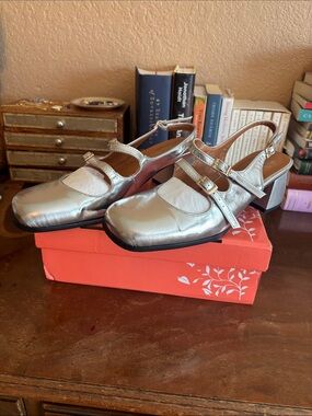 Metallic Silver Mary Jane Slingback Block Heel Mules